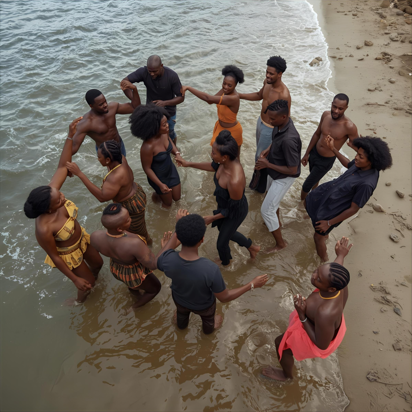 A group of people practicing somatic regulation outdoors near a river.